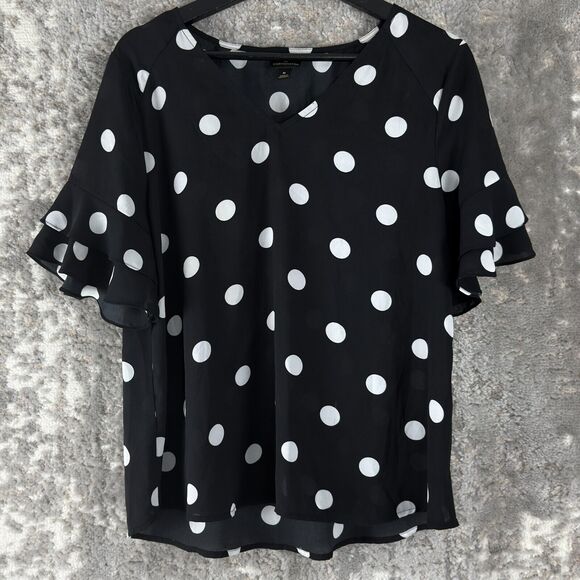 Worthington Sz M Black Polka Dot Flutter Sleeve Blouse Lightweight Semi-Sheer - Picture 1 of 10